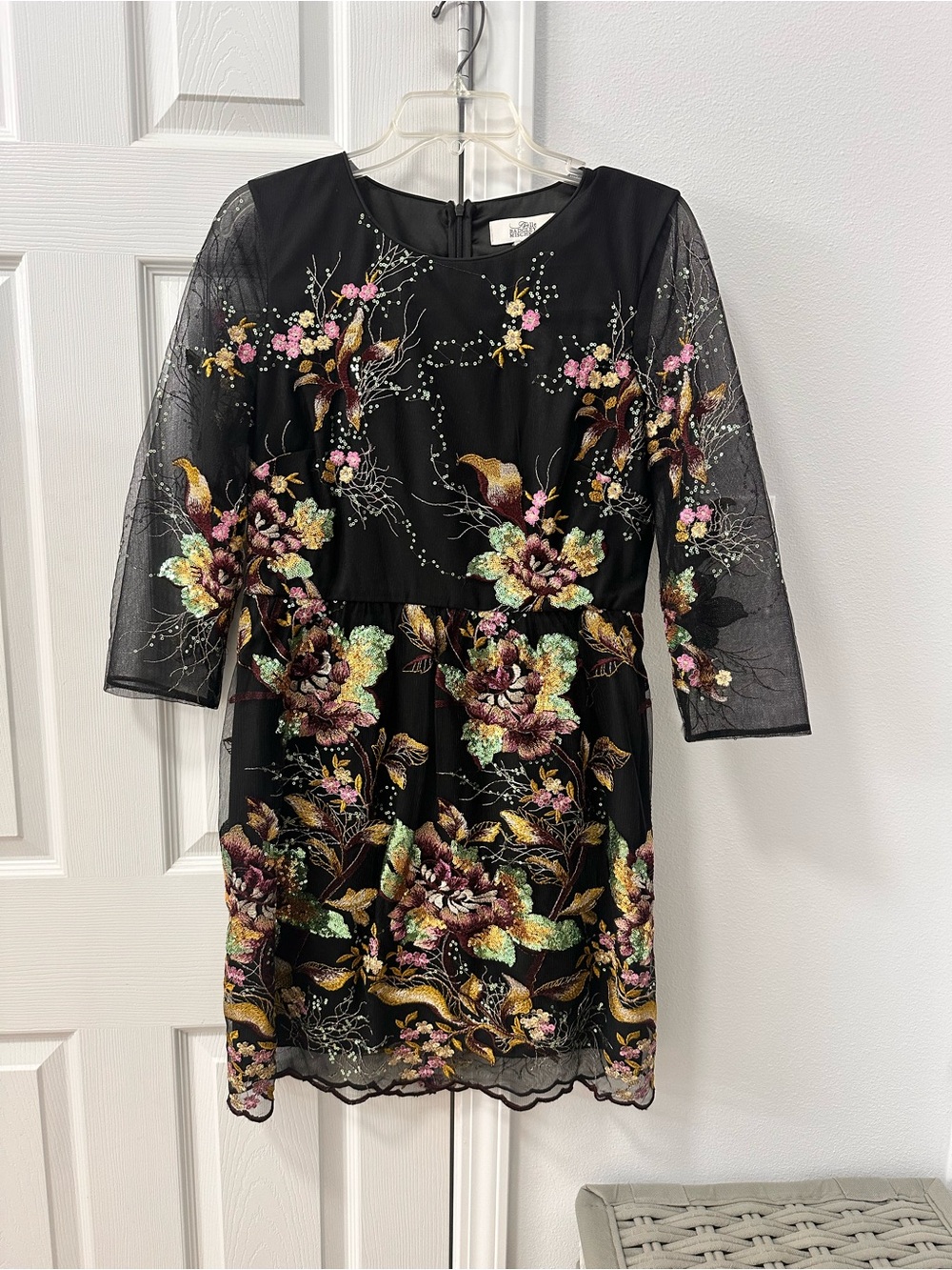 Badgley Mischka Black Floral Embroidered Mesh Sheath Dress